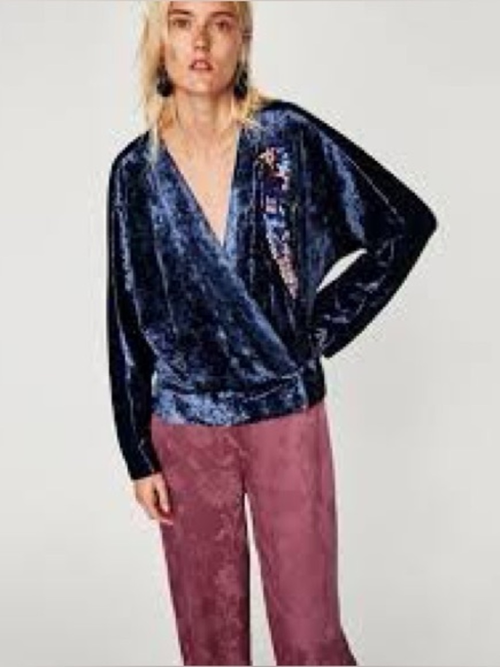 Velvet Wrap Top (Navy with Embroidery)